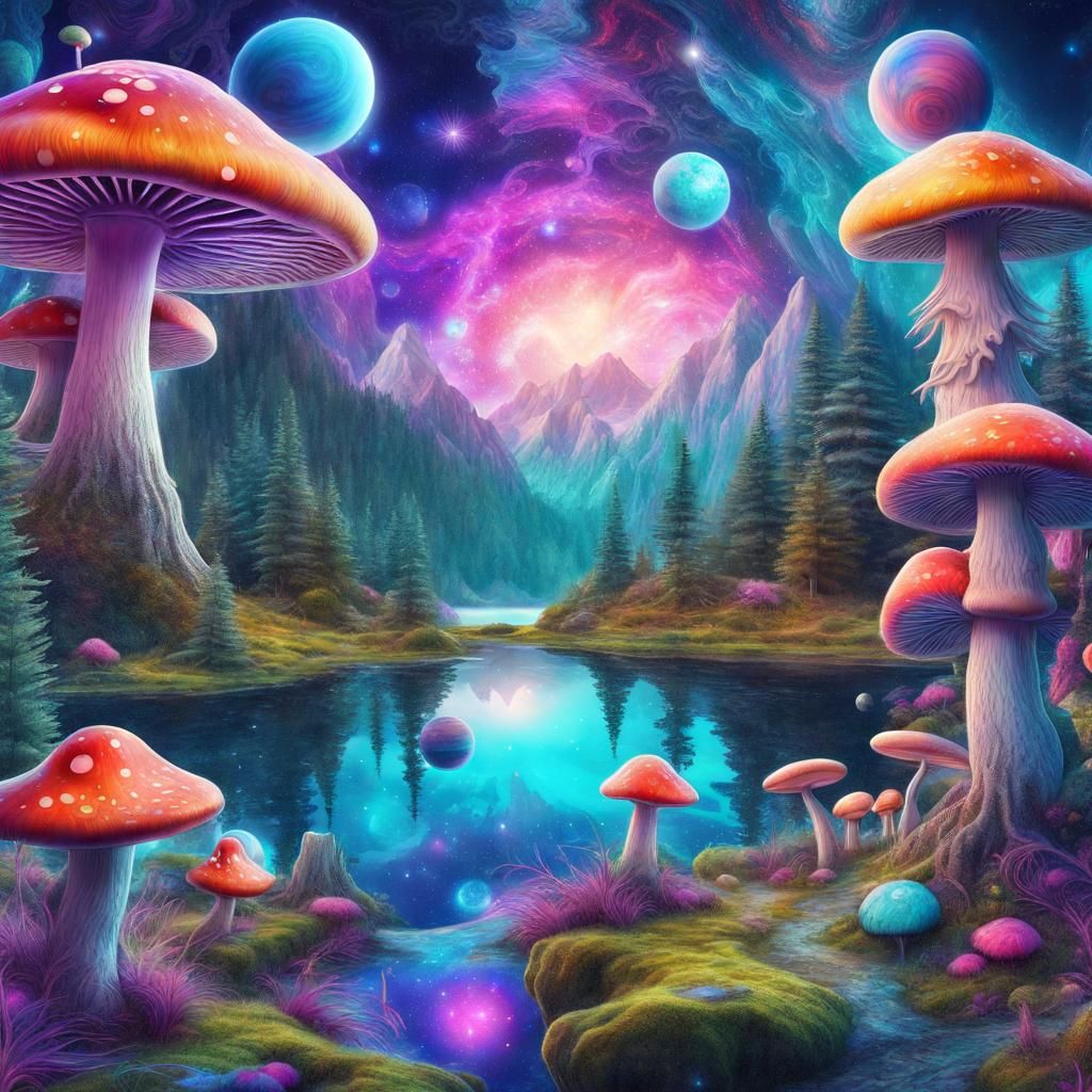 Cosmic Forest Scene with Psychedelic Mushrooms and Celestial...