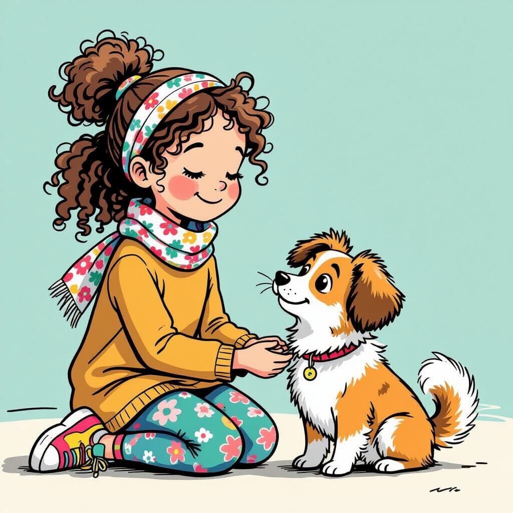 Girl and Dog Play in Minimalist Children's Art Style