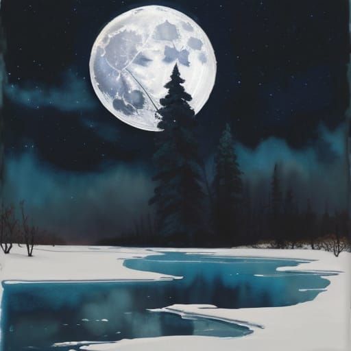 Impasto Gouache Winter Moonlit Landscape