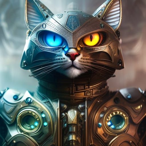 Intricate Steampunk Cat Portrait in Vivid Triadic Colors
