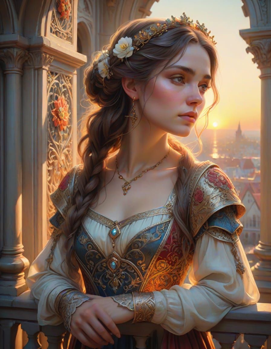 Ethereal Juliet on Ornate Balcony in Whimsical Medieval Styl...