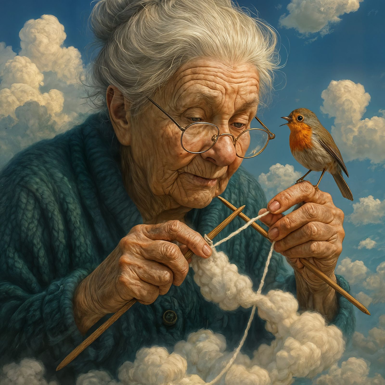 Giant Grandma Knits Clouds with Bird Critiquing Stitching