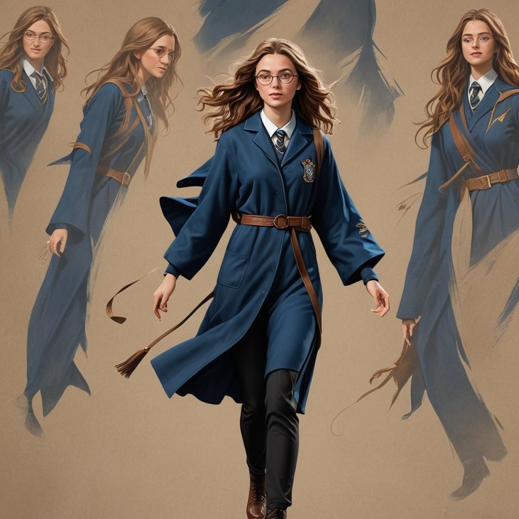 Elegant Ravenclaw Student Strides Forward in Majestic Fantas...