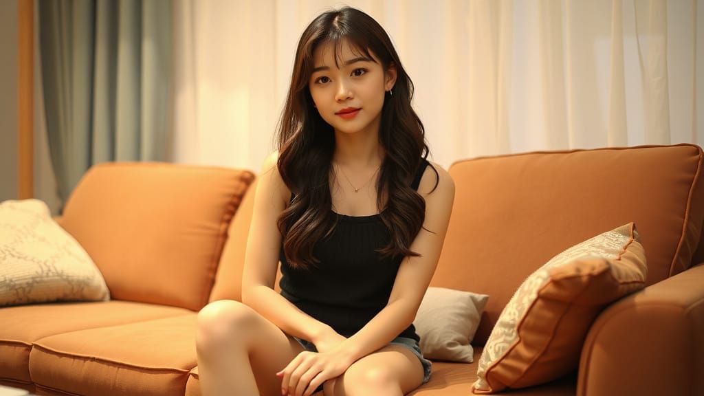 Korean Woman on Velvet Couch in Watercolor Style