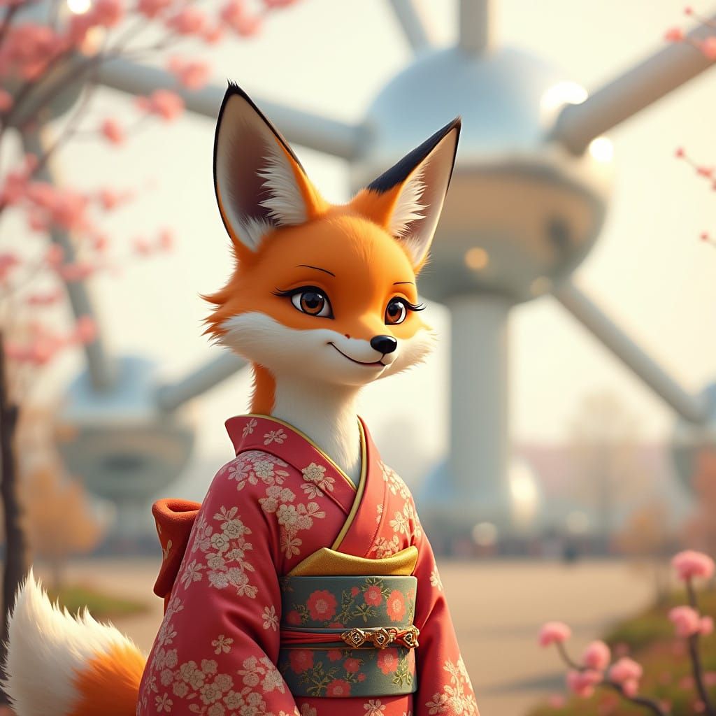 Majestic Fox in Traditional Japanese Kimono, Standing Proud...