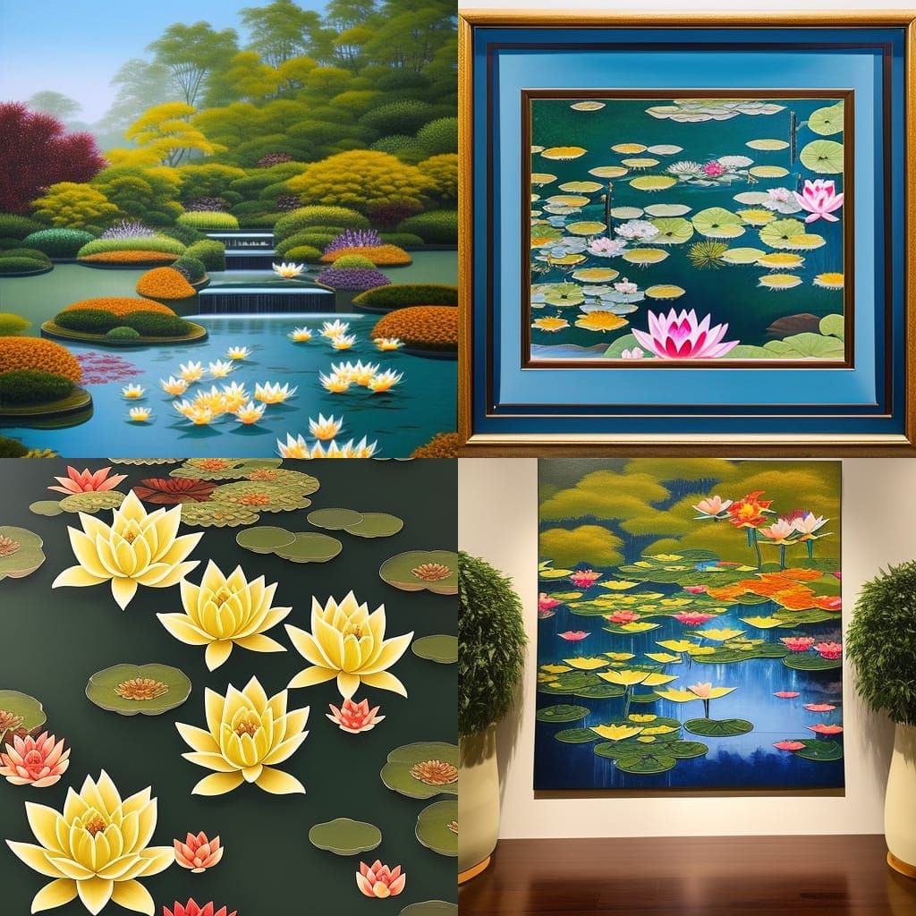 Sacred Lotus Blooms Amidst Koi Pond in Traditional Japanese...
