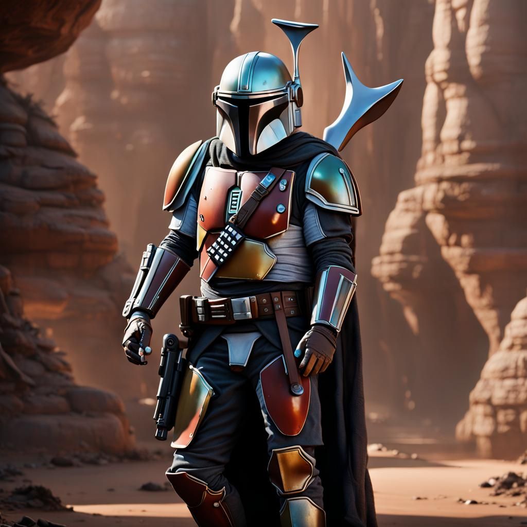 Mandalorian and Grogu in a Vibrant Fantasy Landscape