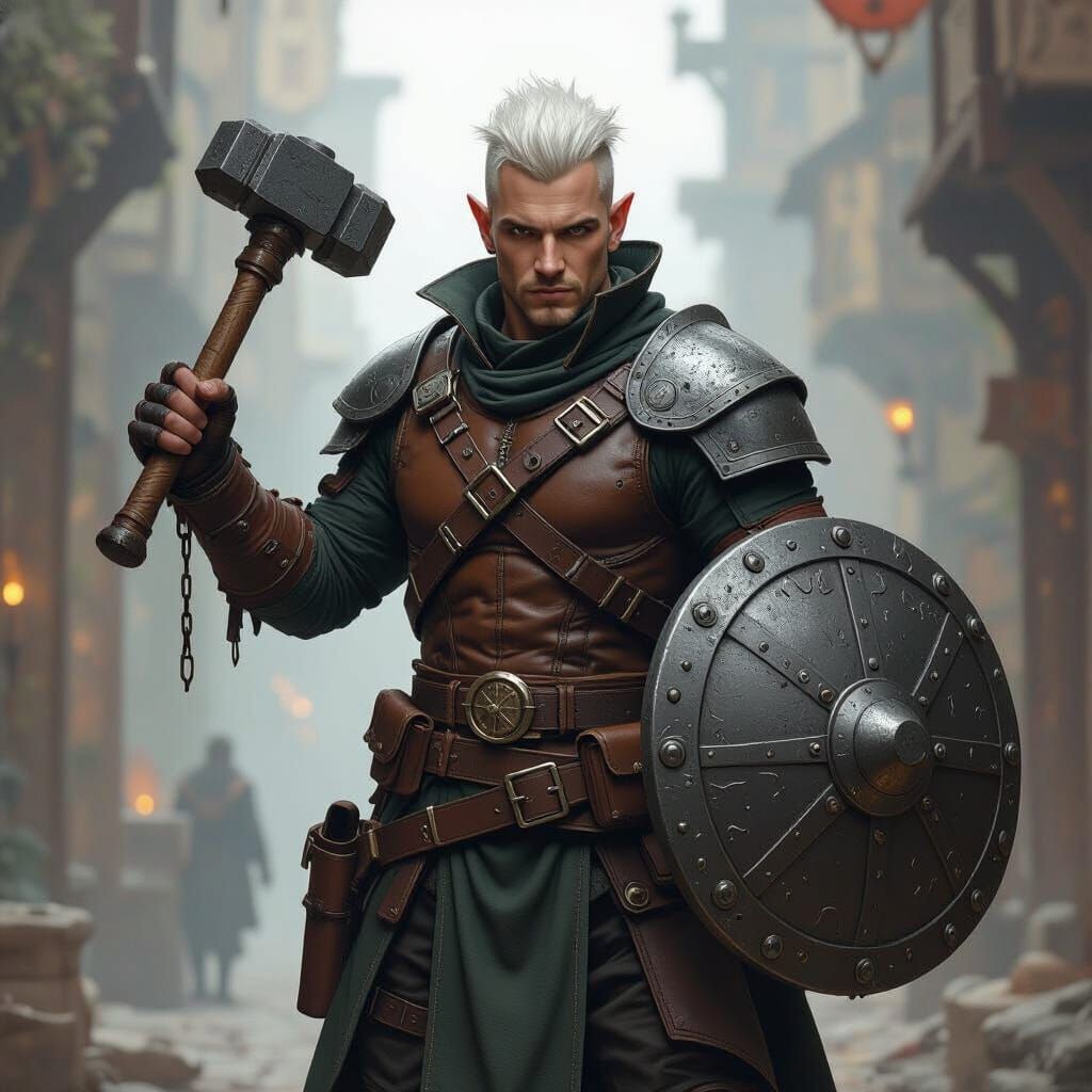 Fantasy Elf Artificer with Hammer and Shield