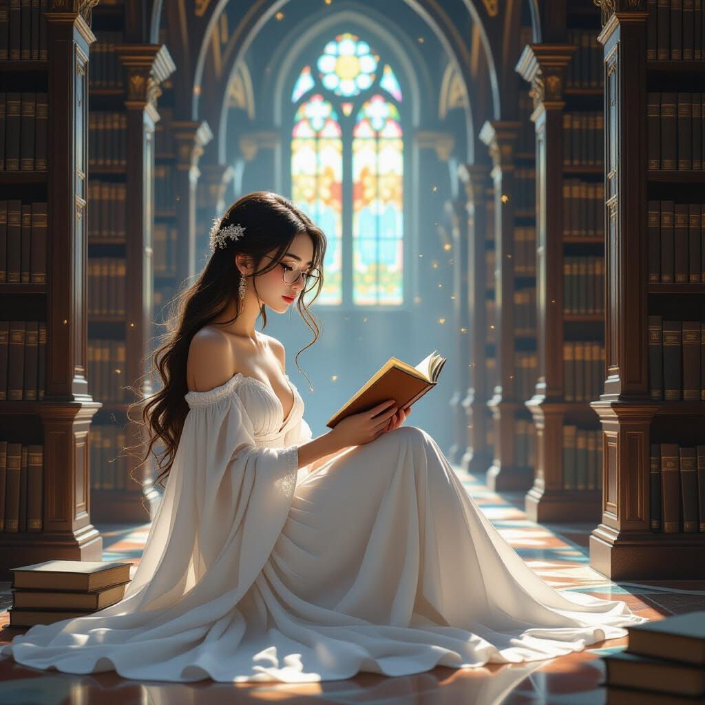 Elegant Woman Reading in Ancient Library