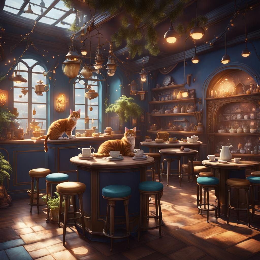 Whimsical Cat Cafe Fantasy Scene