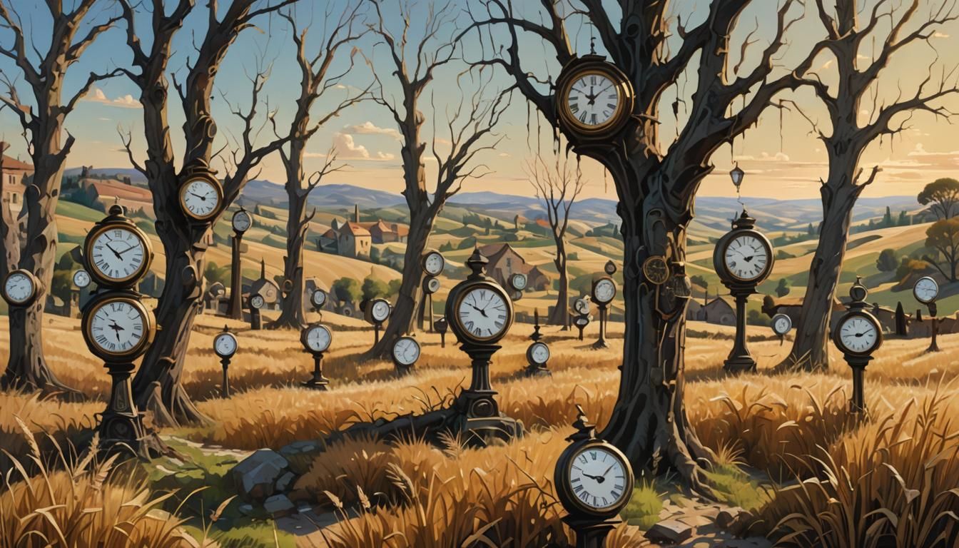 Whimsical Clocks Amidst Countryside Dreamscape