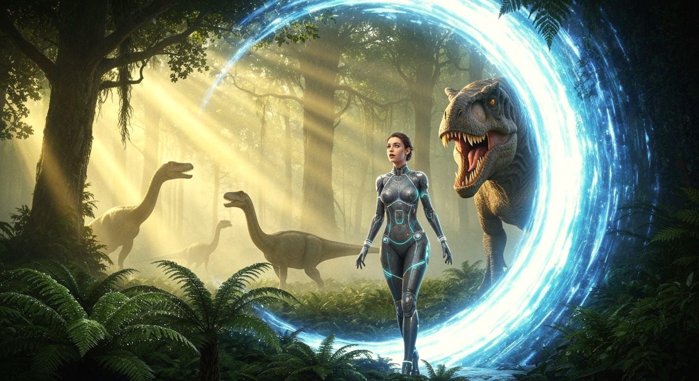 Woman Time Traveler Arrives in Prehistoric Jungle