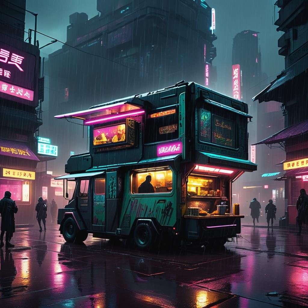 Cyberpunk Food Truck in Dystopian City
