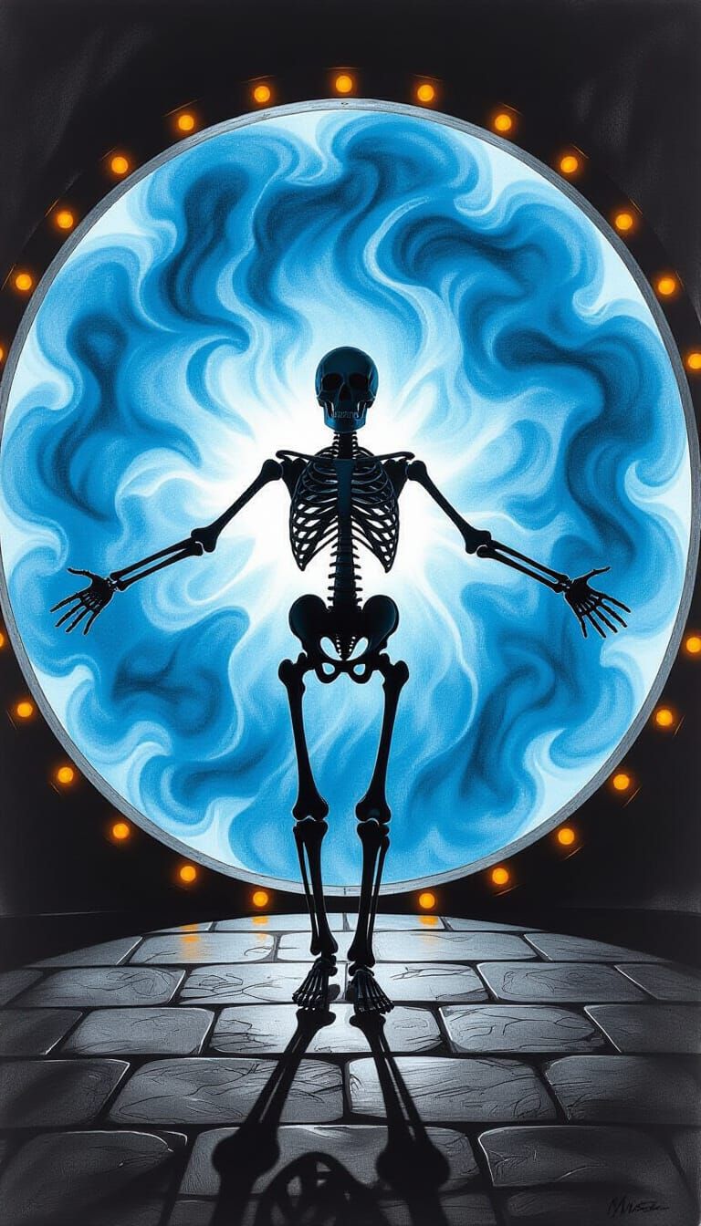 Skeleton Before Ethereal Portal in Charcoal Style