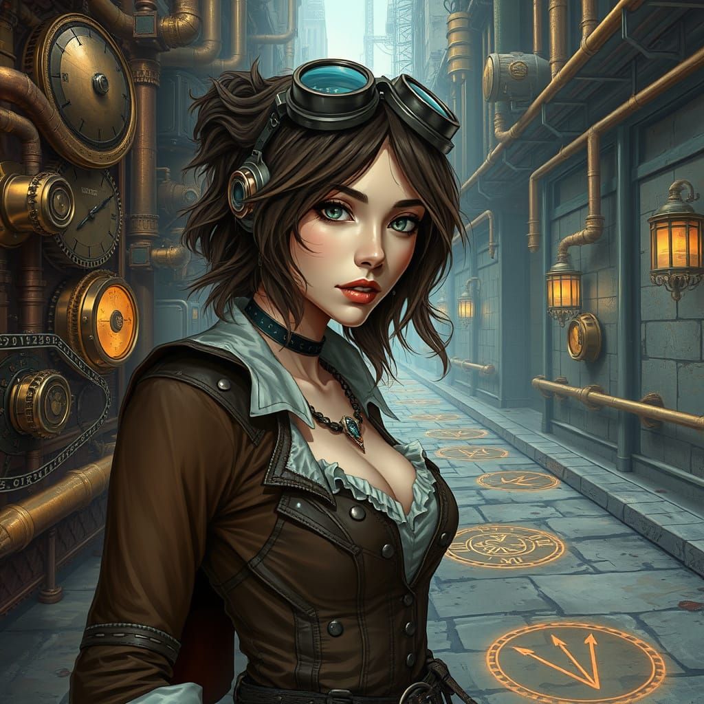 Steampunk Sorceress in Industrial Cityscape