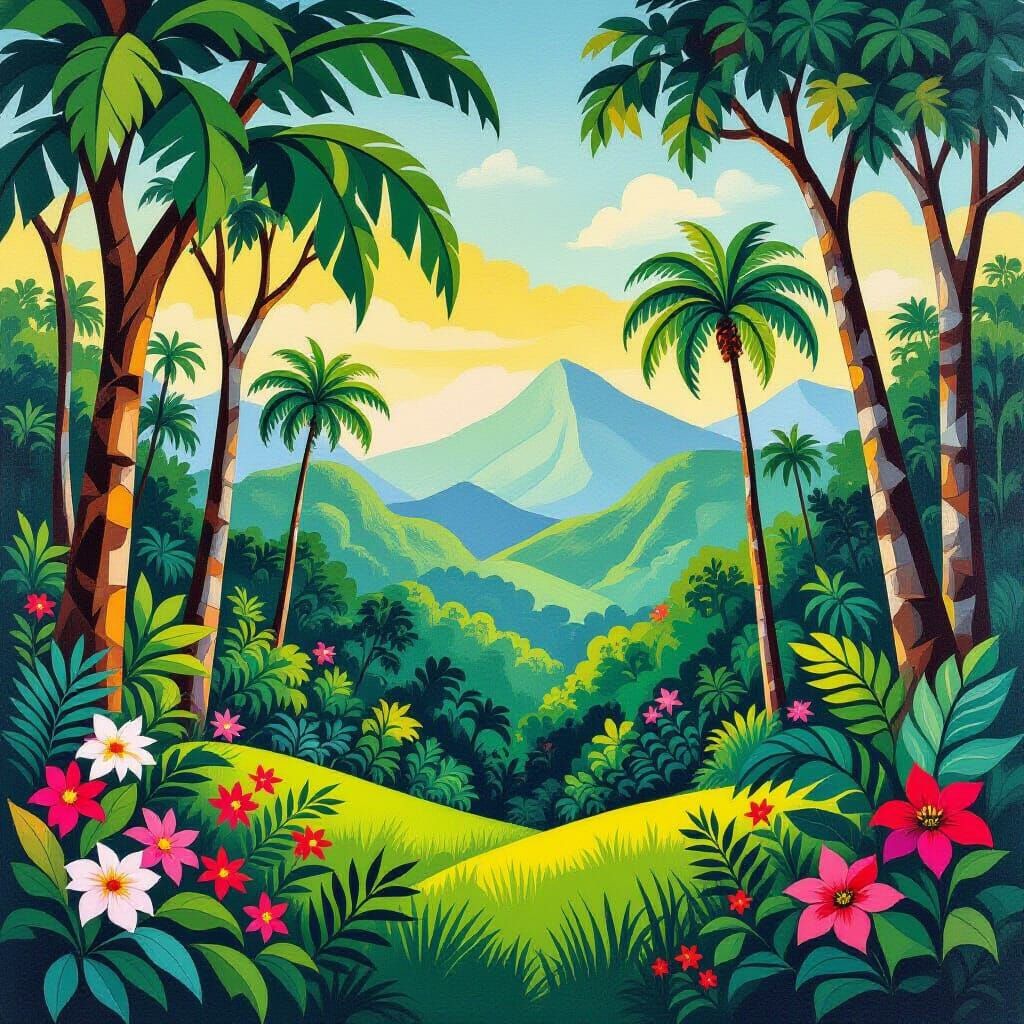 Lush Jungle Landscape in Naive Art Style