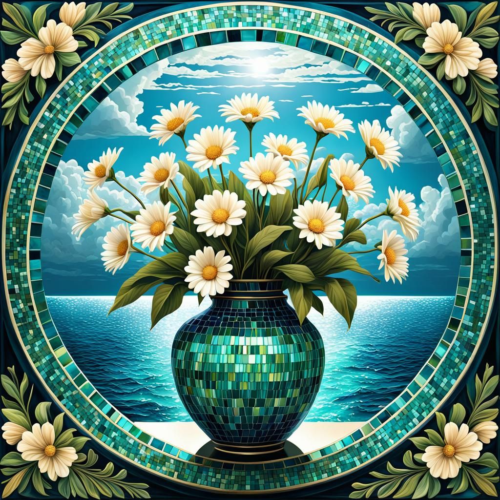 White mixed flower in a Blue green mosaic vase,round glass pieces, design of the ocean, Epic cinematic brilliant stunnin...