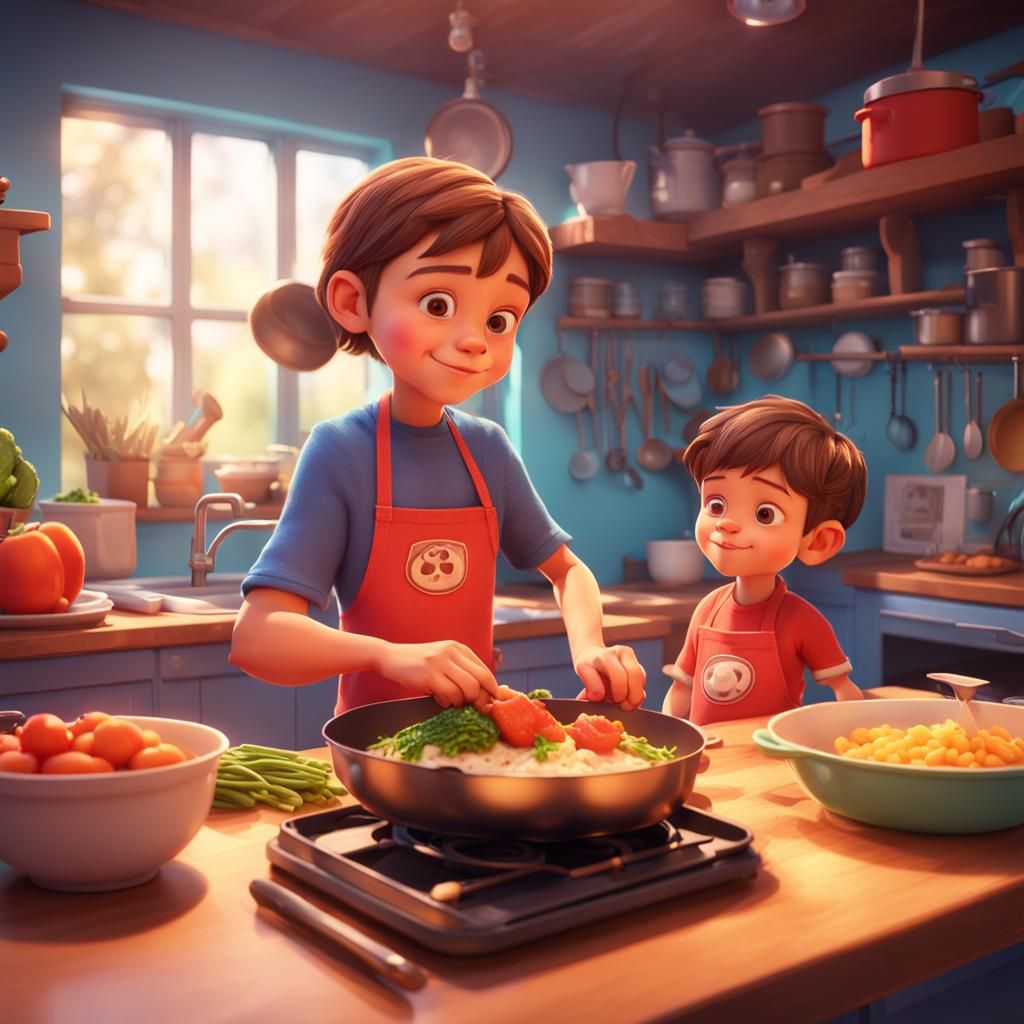 Cute Boy Learns Cooking with Mom in Vibrant Digital Art