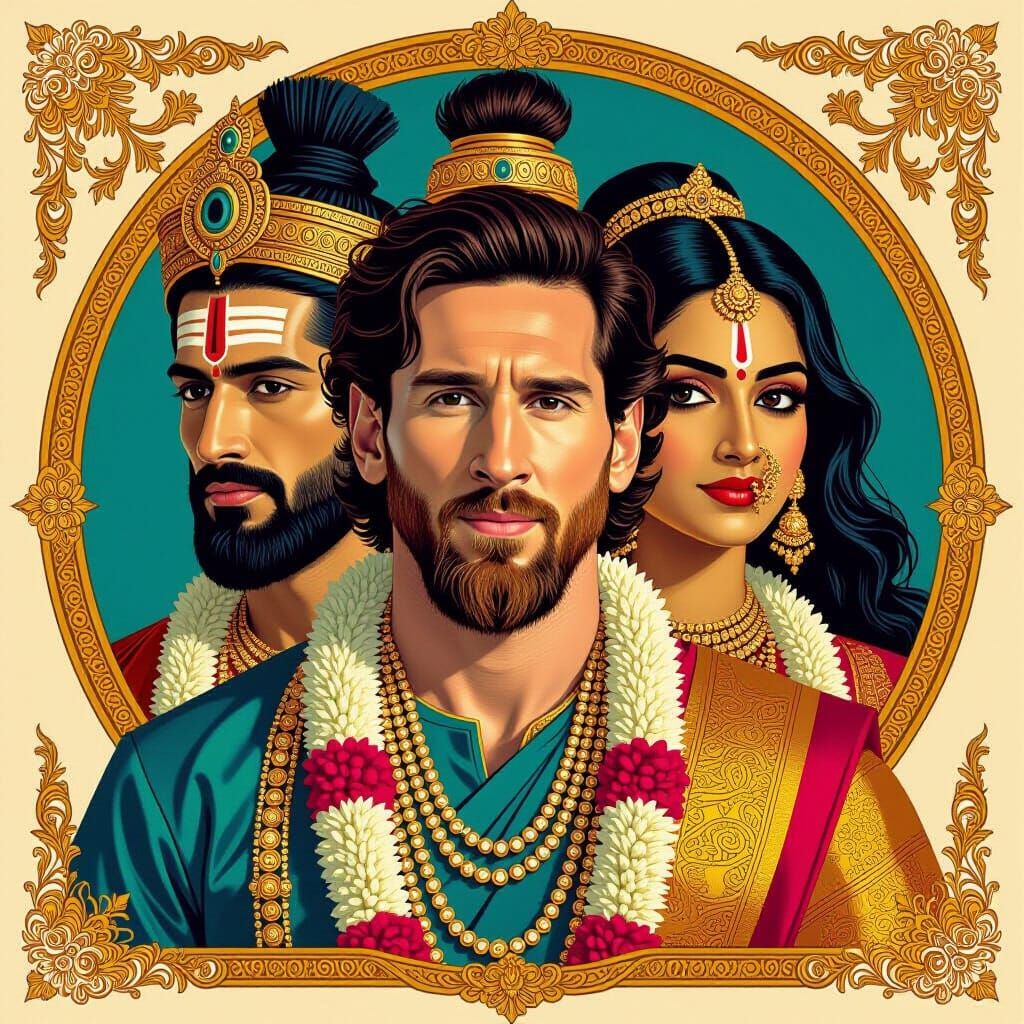 Messi and Ronaldo as Gods in Raja Ravi Varma Style