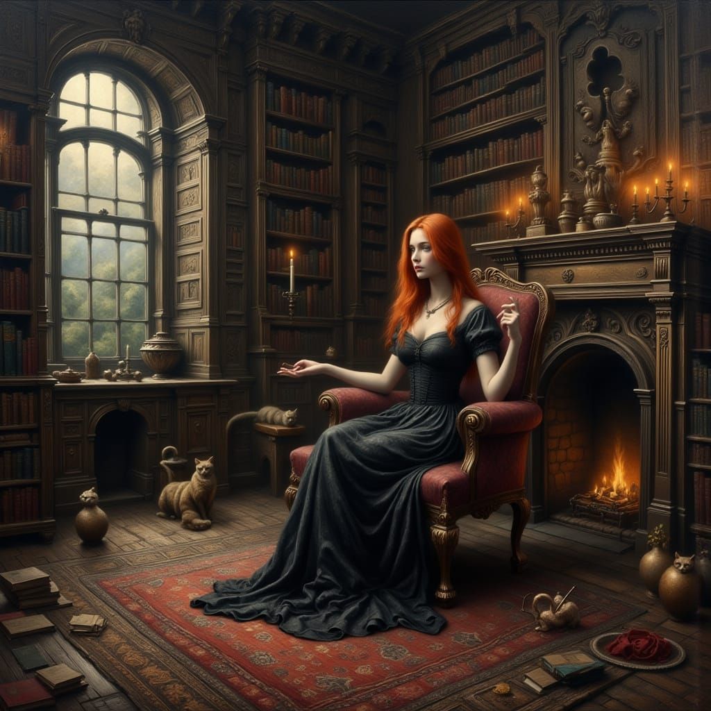 Lilith in Haunted Library, Surreal Oil Painting