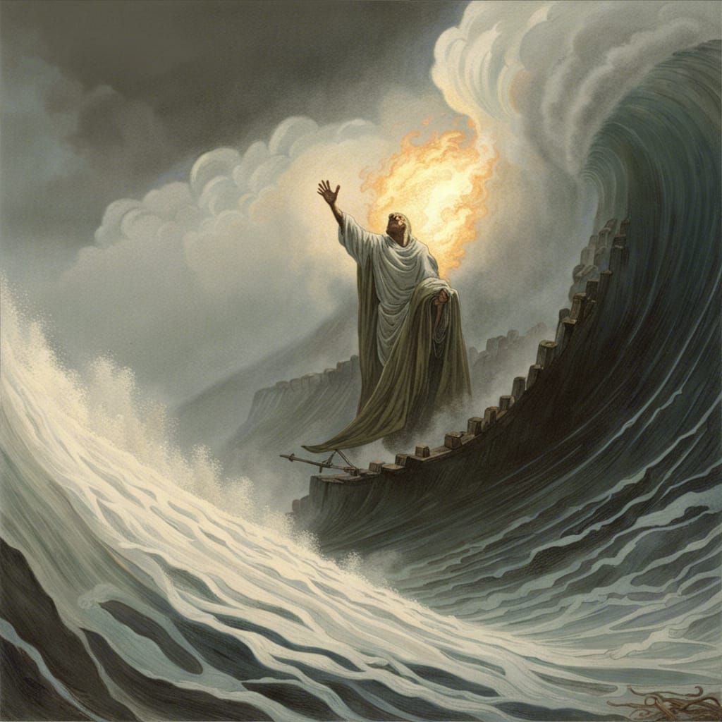 Cyberpunk Pyromancer Rides Giant Waves in Turbulent Sea