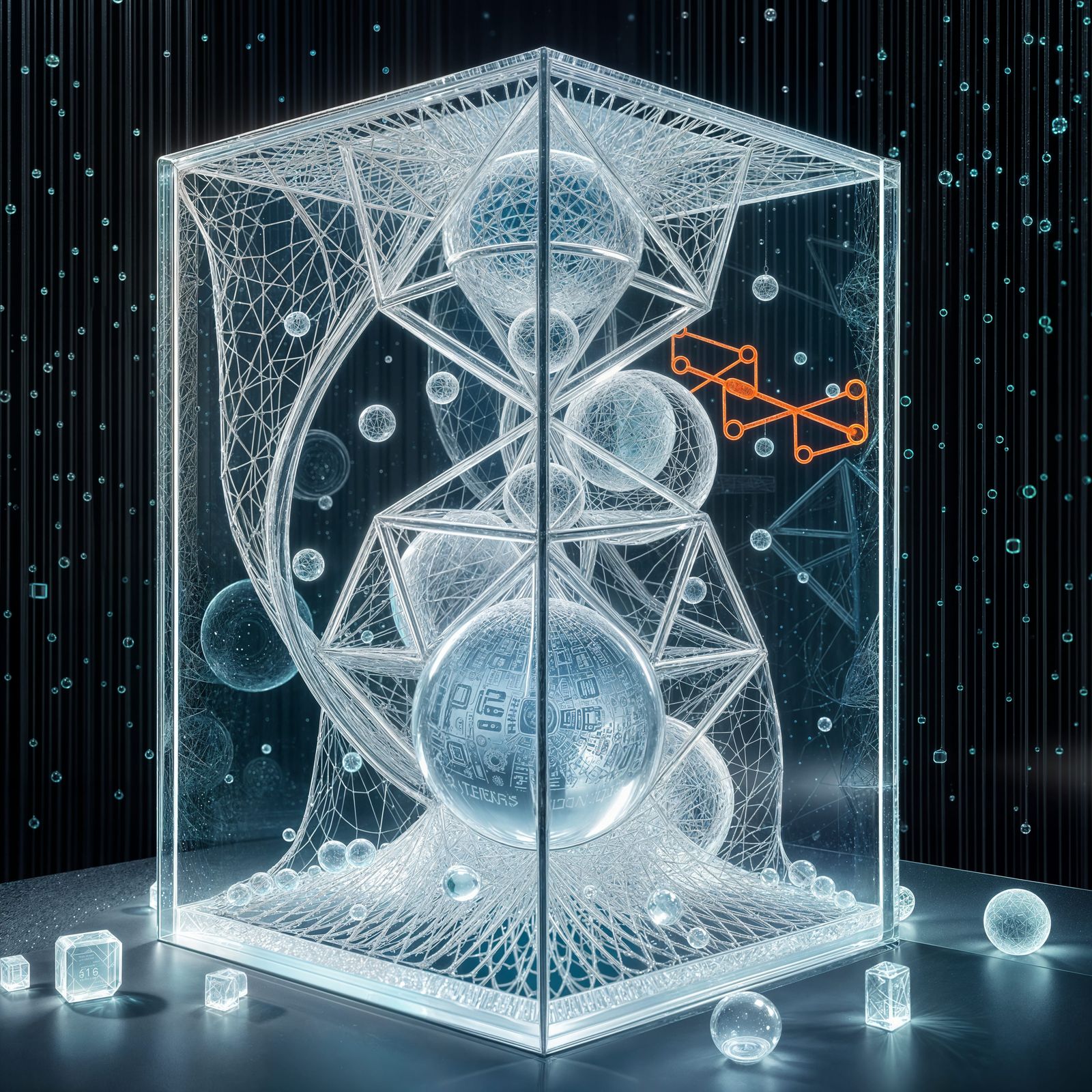 Frozen Glass Sculpture with Intricate Fractal Wires and Biol...