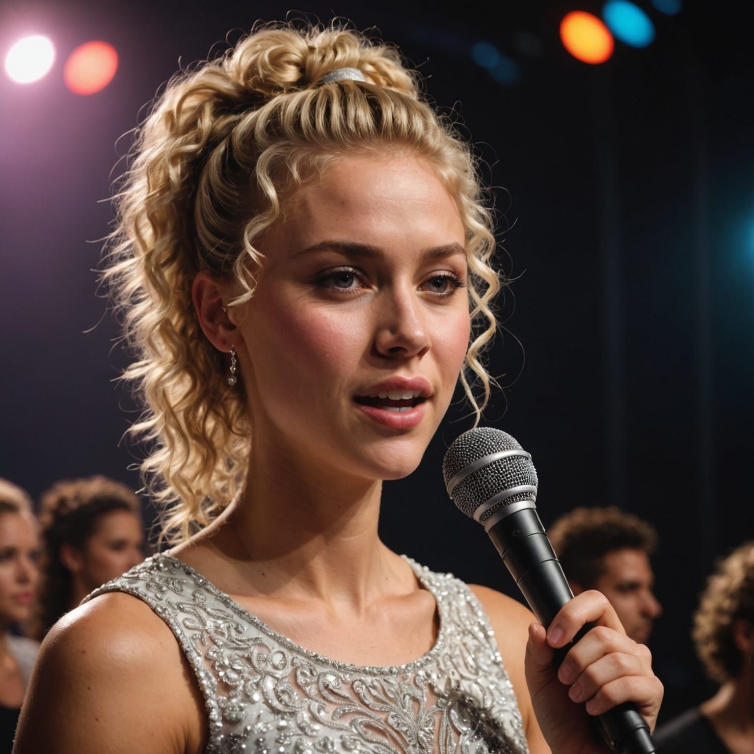 Hyperrealistic Portrait of a Curly Blonde Woman Singing on S...