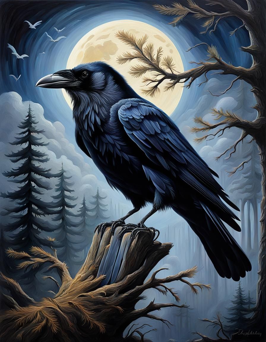 A Majestic Black Raven in Mystical Oil Painting