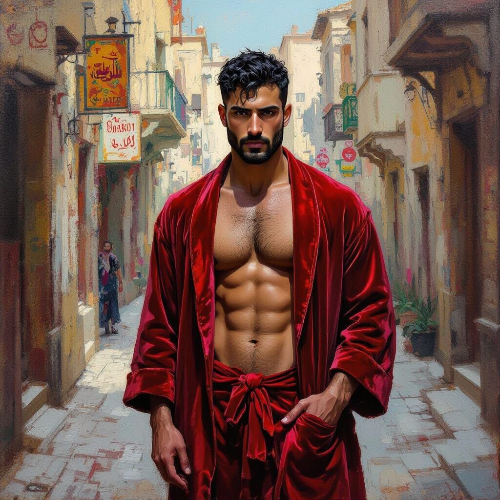 Arab Man inanguish in Klimt-Inspired Impressionist Portrait