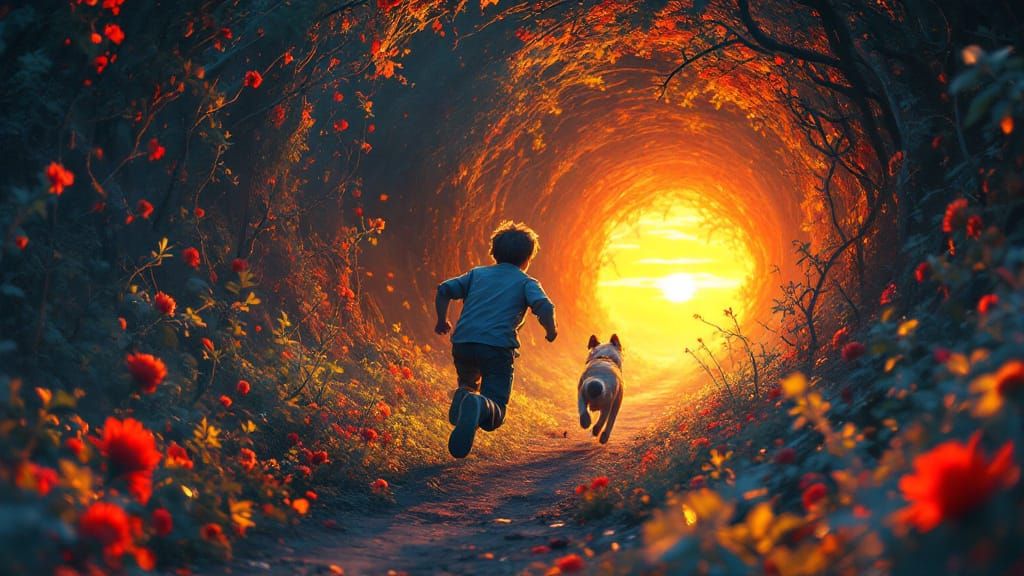 Boy in Vibrant Botanical Tunnel with Dog at Sunset