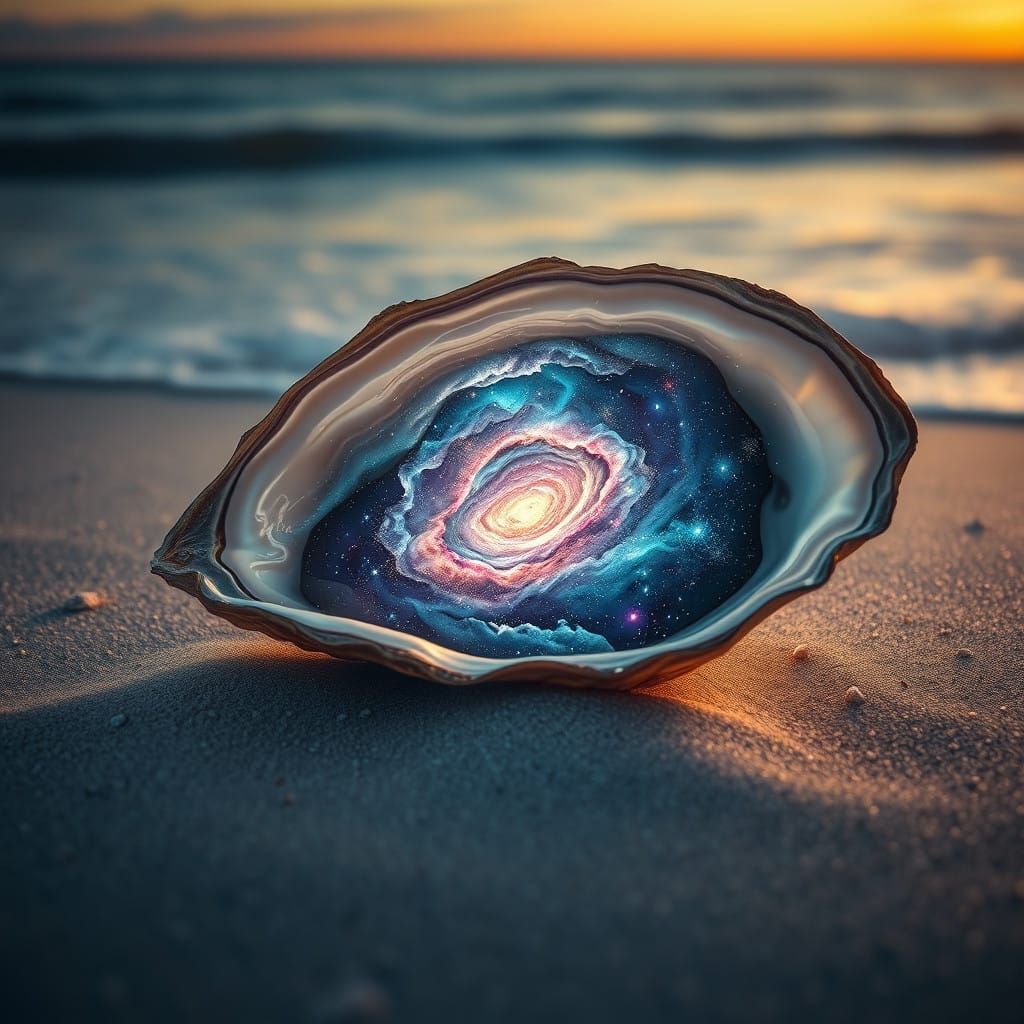 Stunning Galaxy Inside Shimmering Oyster Shell at Twilight