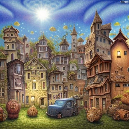 Whimsical Town in Dutch Realism Style
