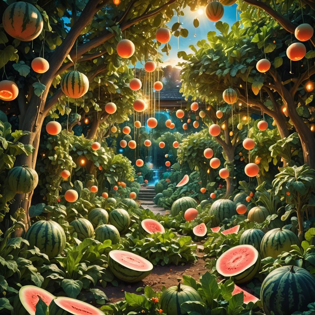 Lush Garden Paradise in Vibrant Colors, Melon Explosion, Fan...