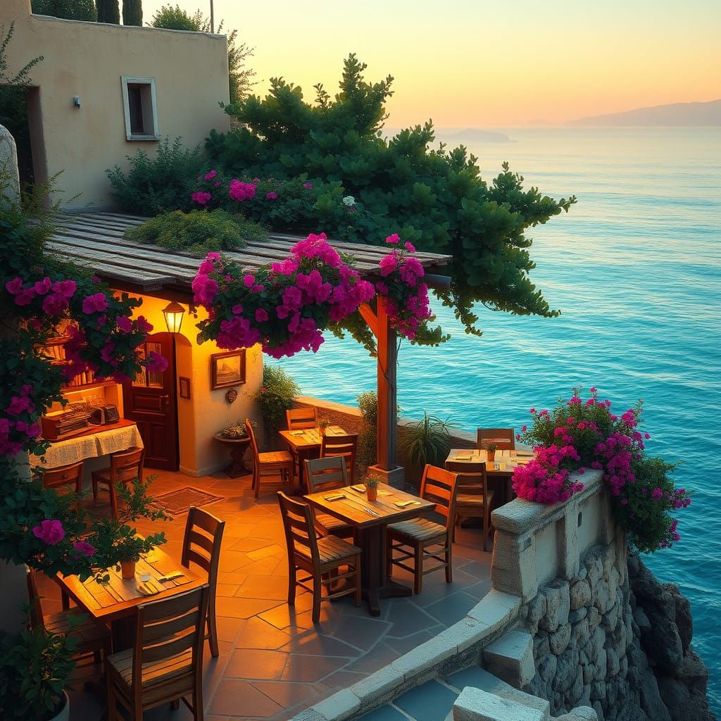 Impressionist Greek Taverna at Sunset