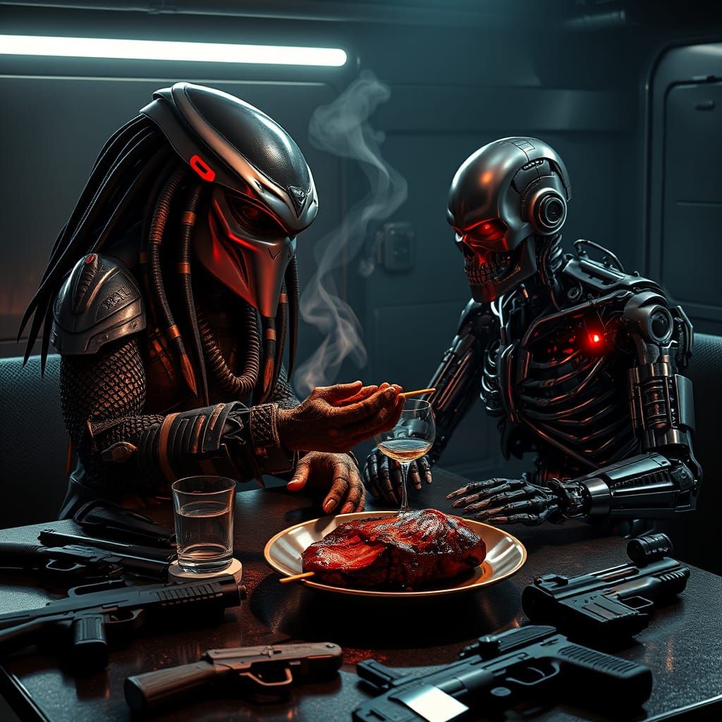 Cyberpunk Killers Share Tense Dinner in Dimly Lit Bunker