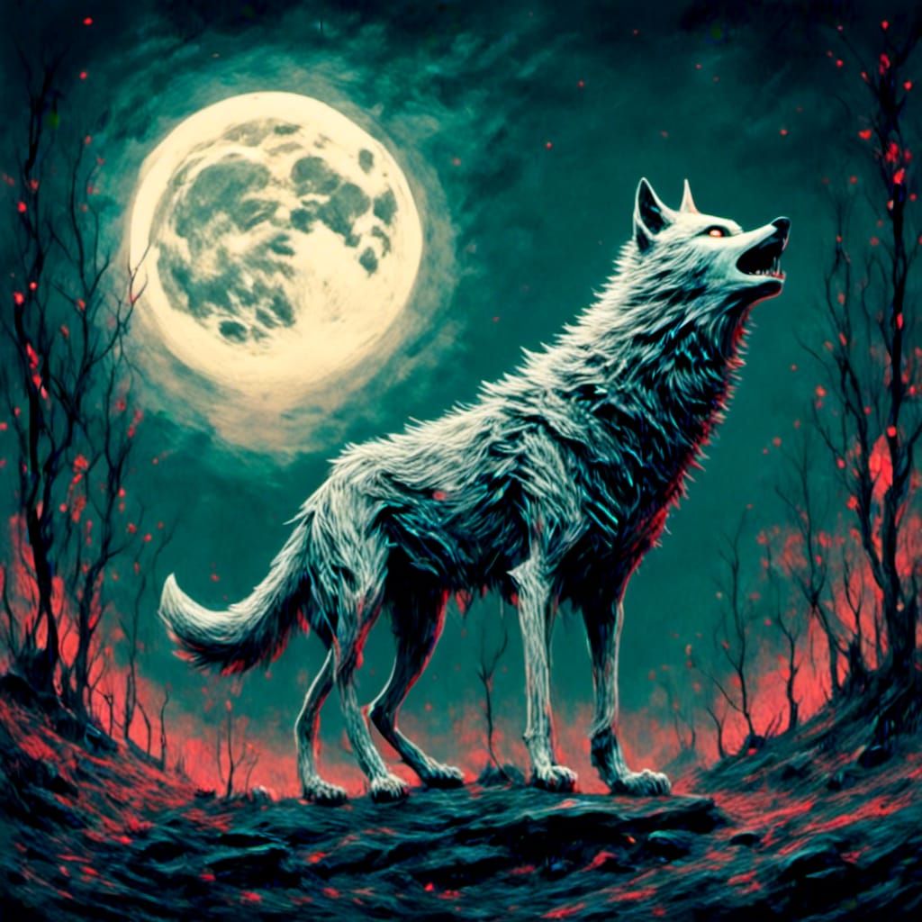 <lora:Insidious:1.0>cinematic horror manga style, a wolf with a full moon in the back Terror ground, great wolf, white w...