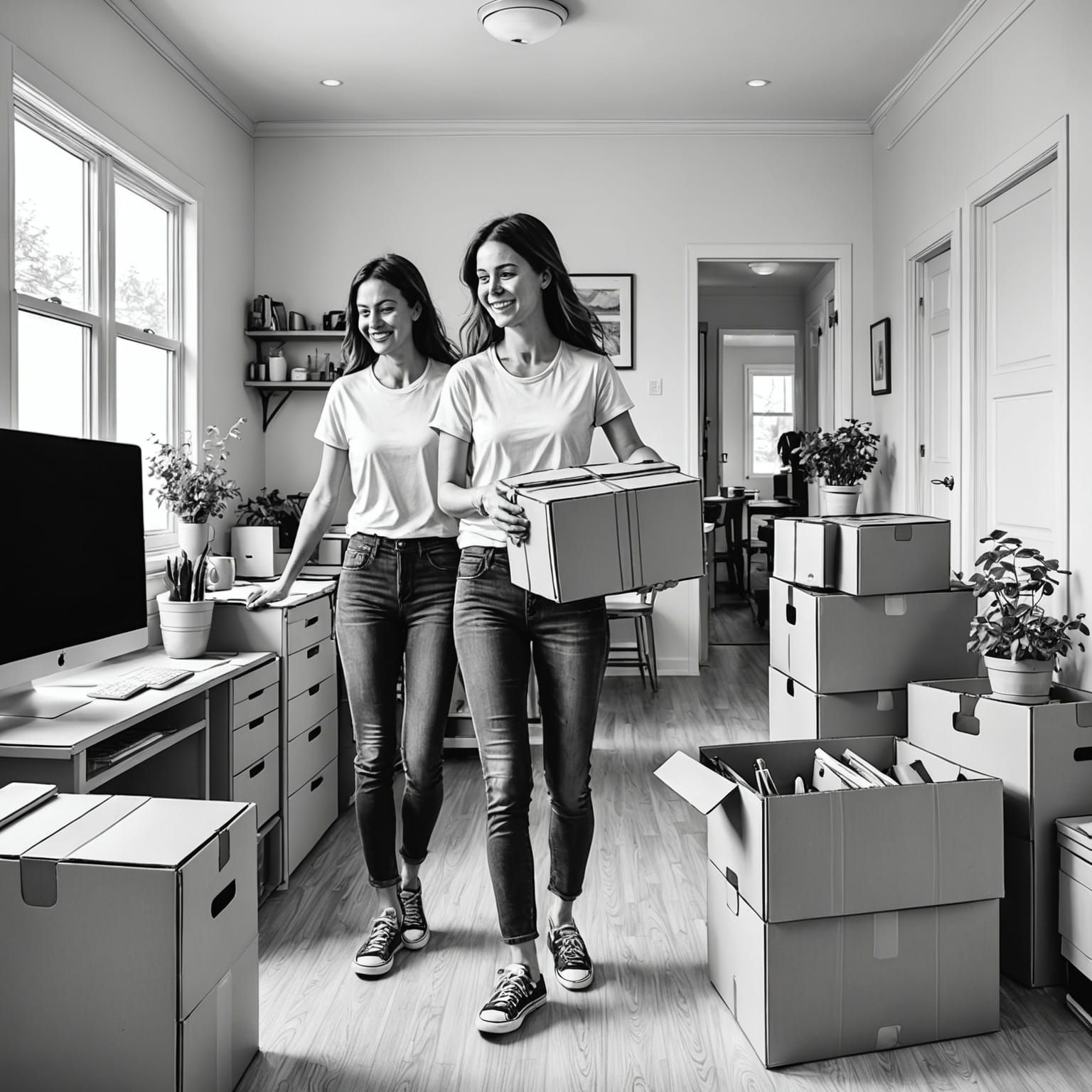 Sisterly Love in Line Art Moving Scene