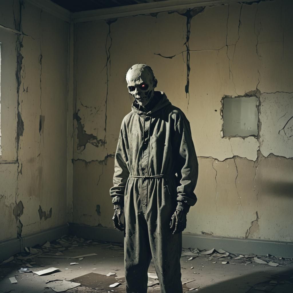 Eerie Asylum Figure in Dimly Lit Abandoned Horror Scene