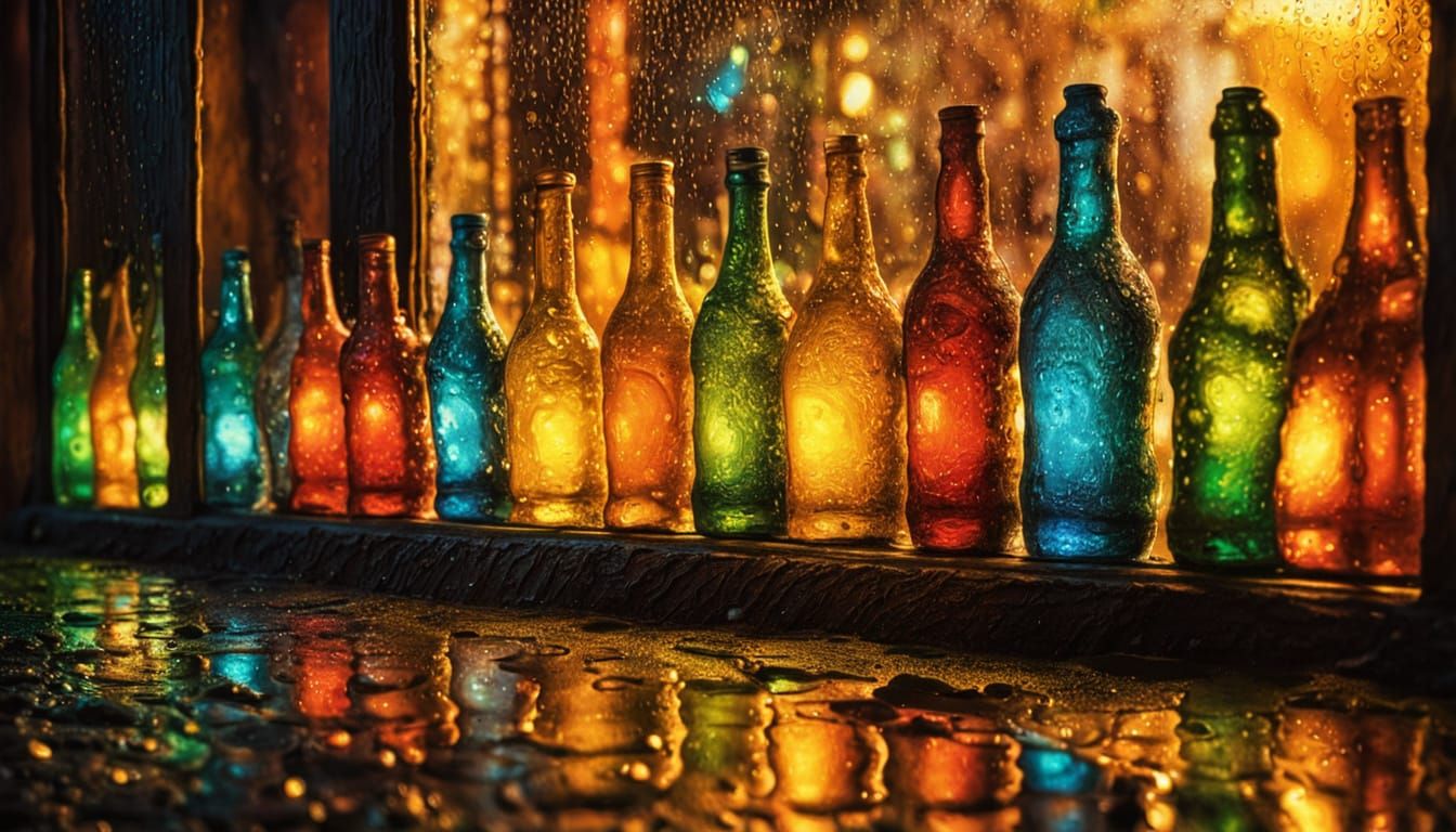 Glowing Tavern Window on Rainy Night in Oil Painting Style