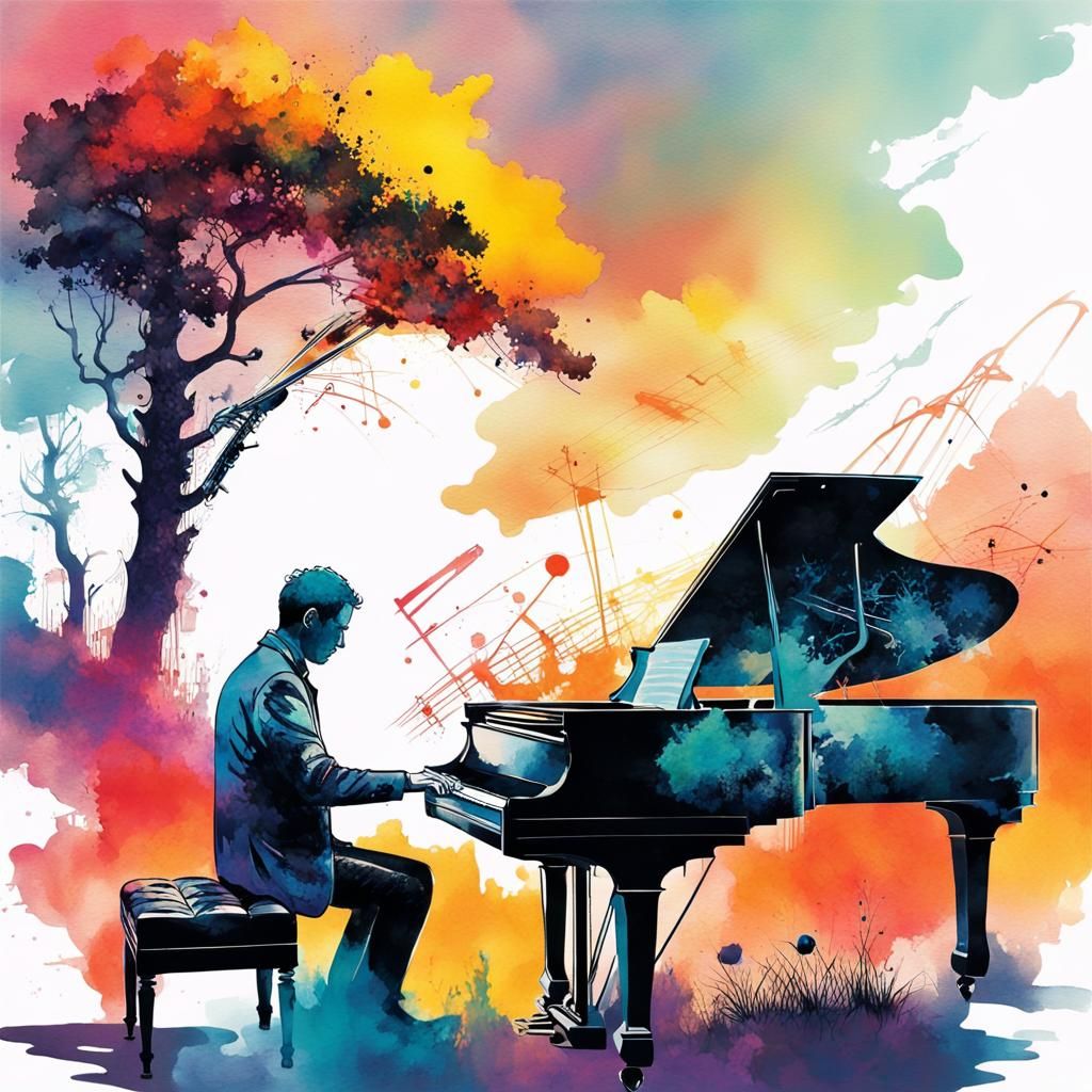 Double exposure,of merging nature during sunset and  a sillouhett of piano player