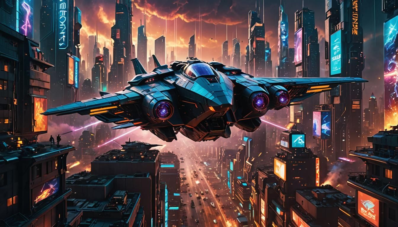 Cyberpunk Skies Ablaze with Flying Ship in Intense Battle