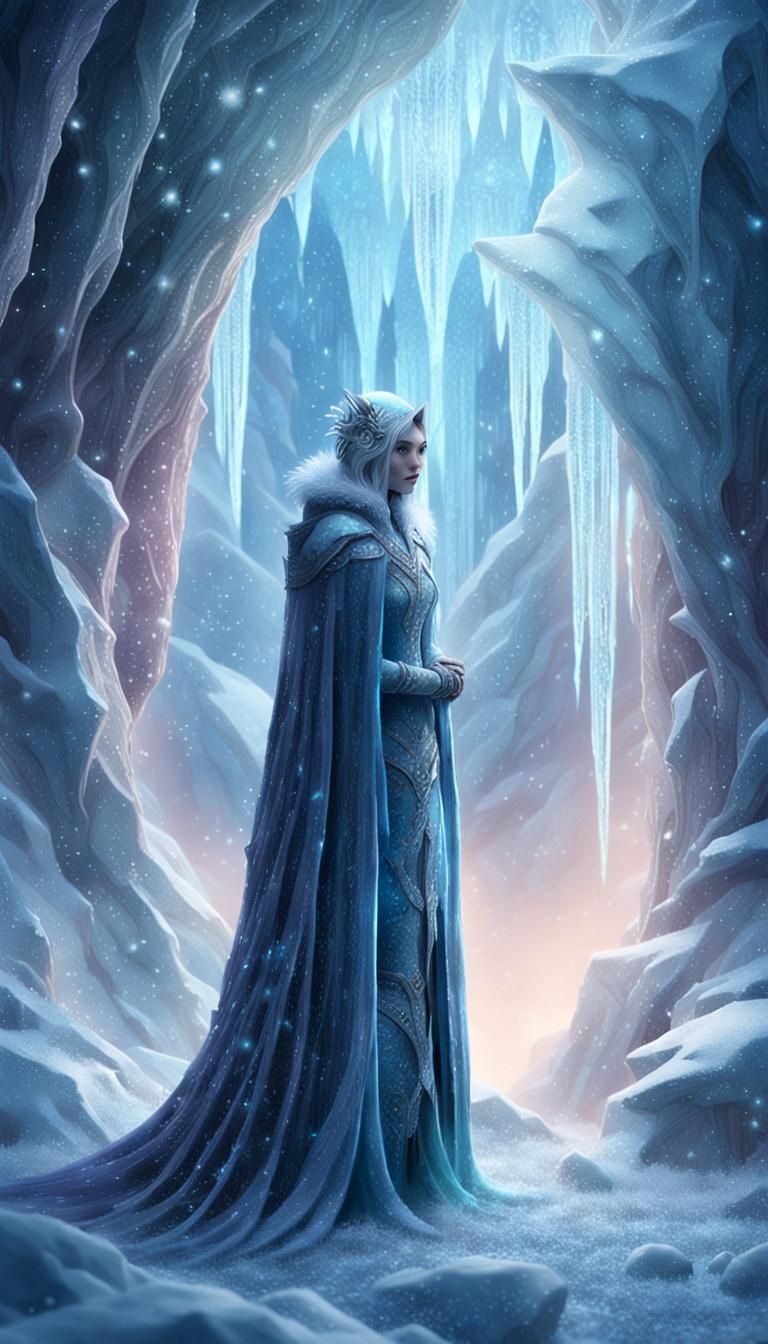 Majestic Frost Sorceress in Shimmering Ice, Amidst a Swirlin...