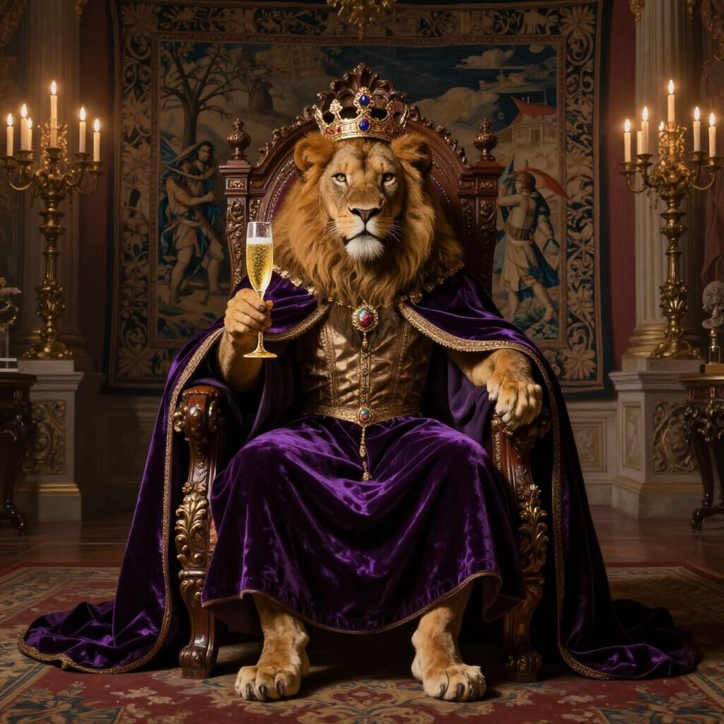 Regal Lion King on Throne in Opulent Ballroom