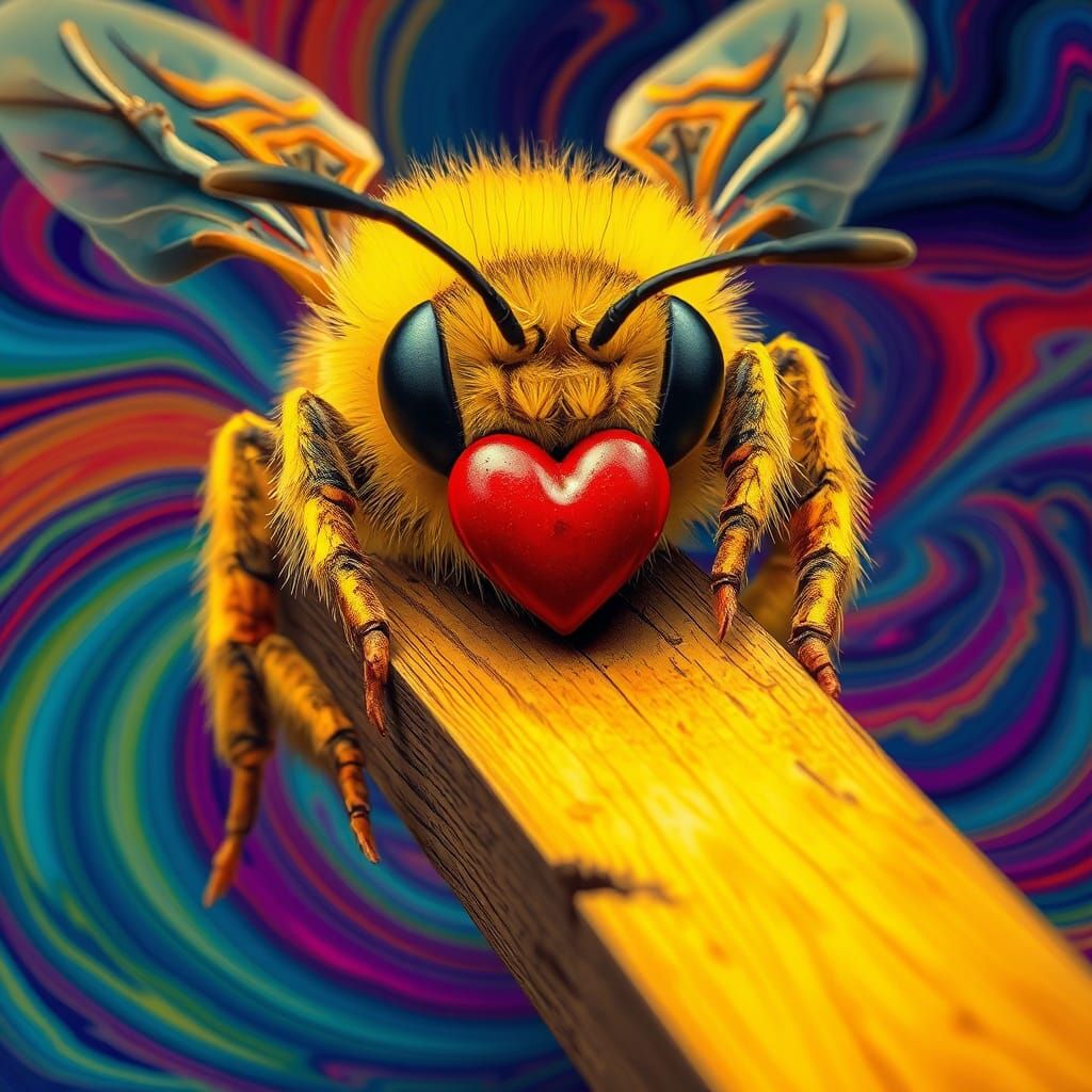 >cartoonArt> macro yellow bee houd 2 voorste poten vast aan plank vorm rood hart >vibrante kleuren<