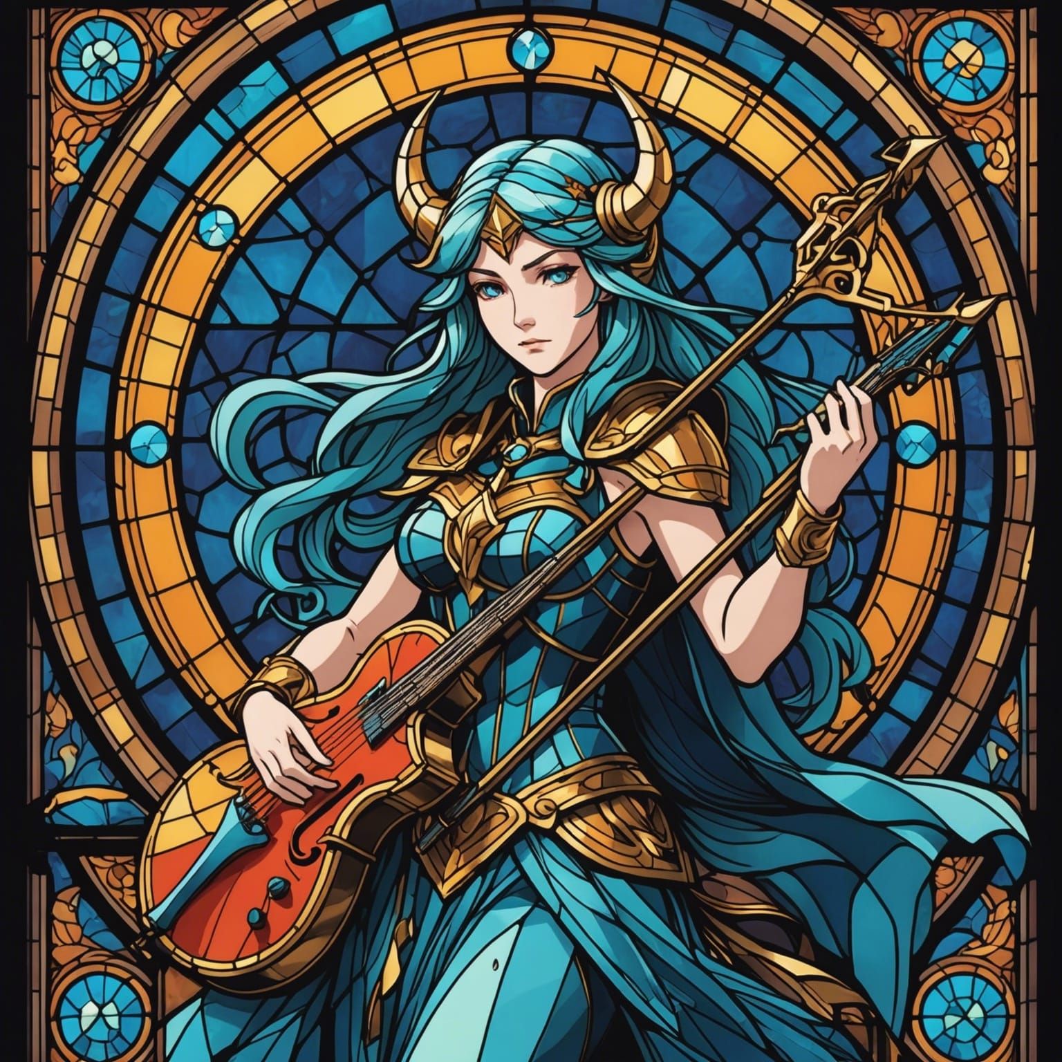 Rocker Goddess in Vibrant Stained Glass Style