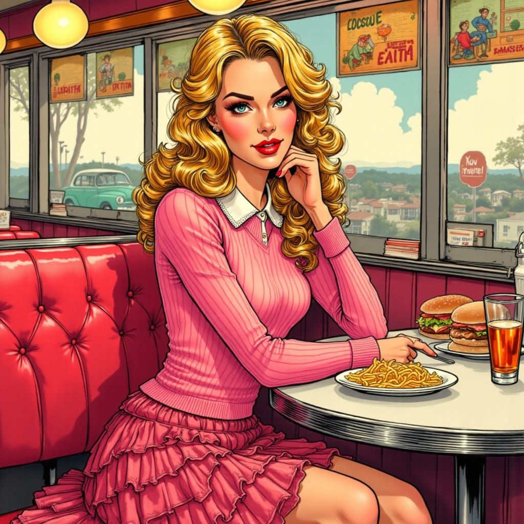 1950s Diner Scene with Woman in Poodle Skirt