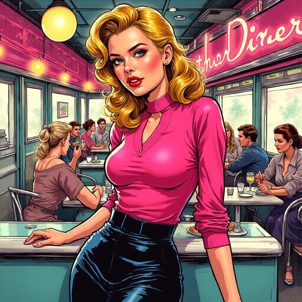 1950s Diner Scene With College Woman in Poodle Skirt