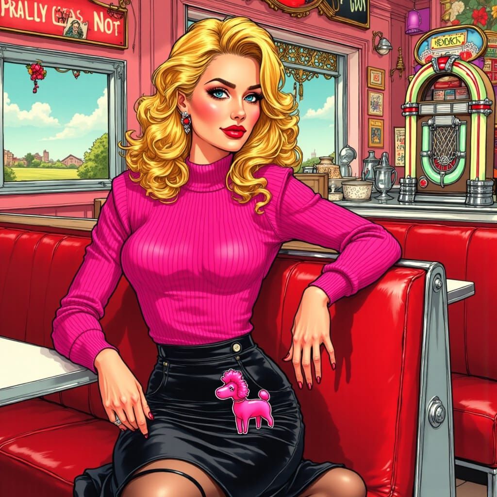 1950s Diner Scene with Woman in Poodle Skirt