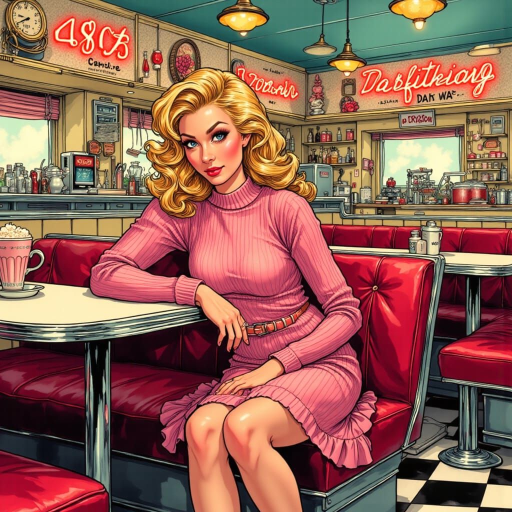 1950s Diner Scene with Woman in Poodle Skirt