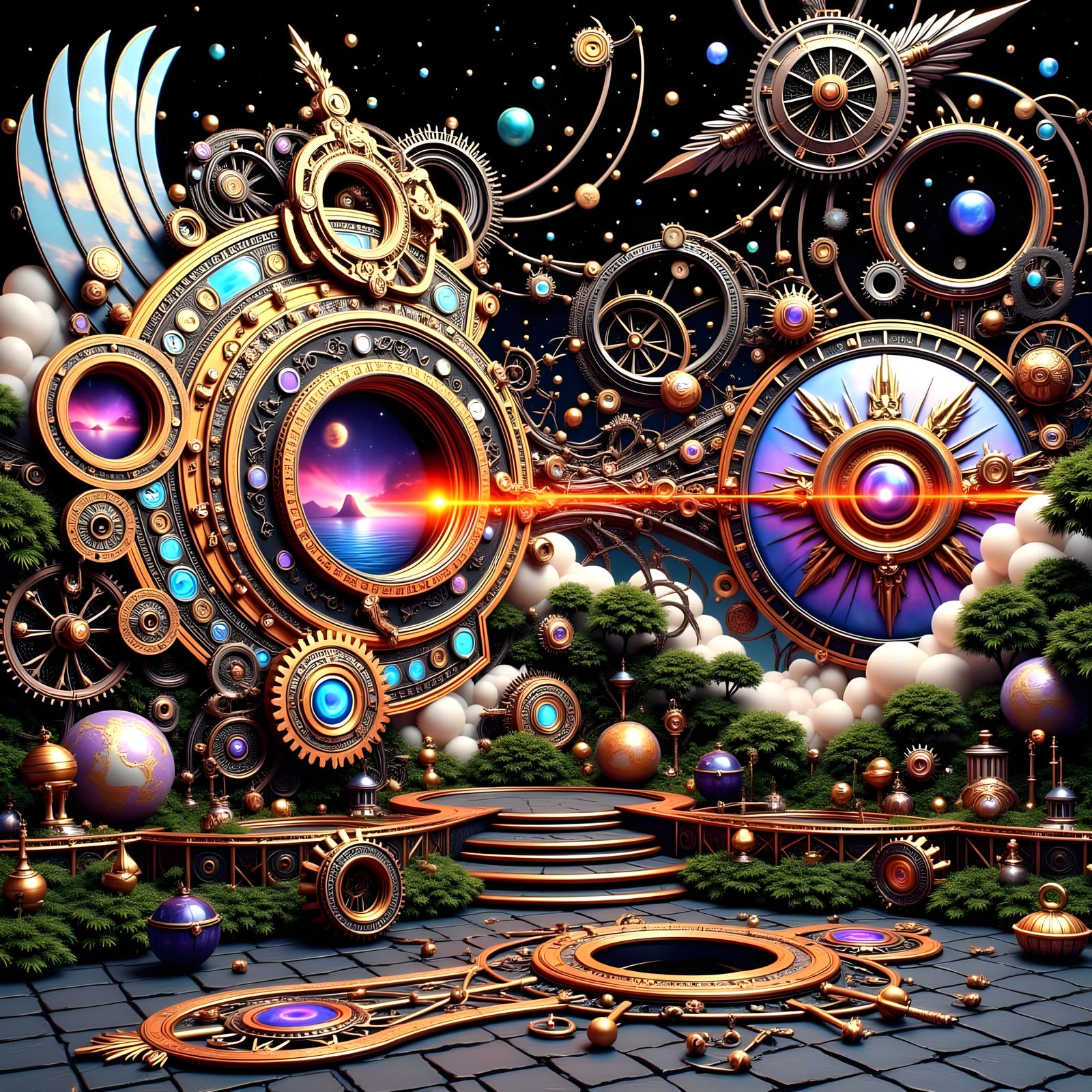 Cosmic Steampunk Portal with Digital Codes